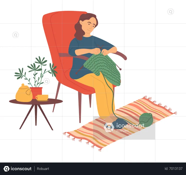 Mère tricotant un châle en laine  Illustration