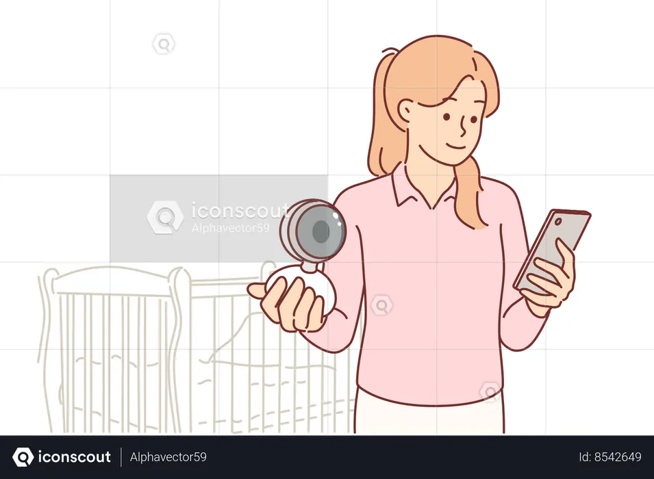 Une mère utilise une caméra pour regarder son bébé dormir dans son berceau  Illustration