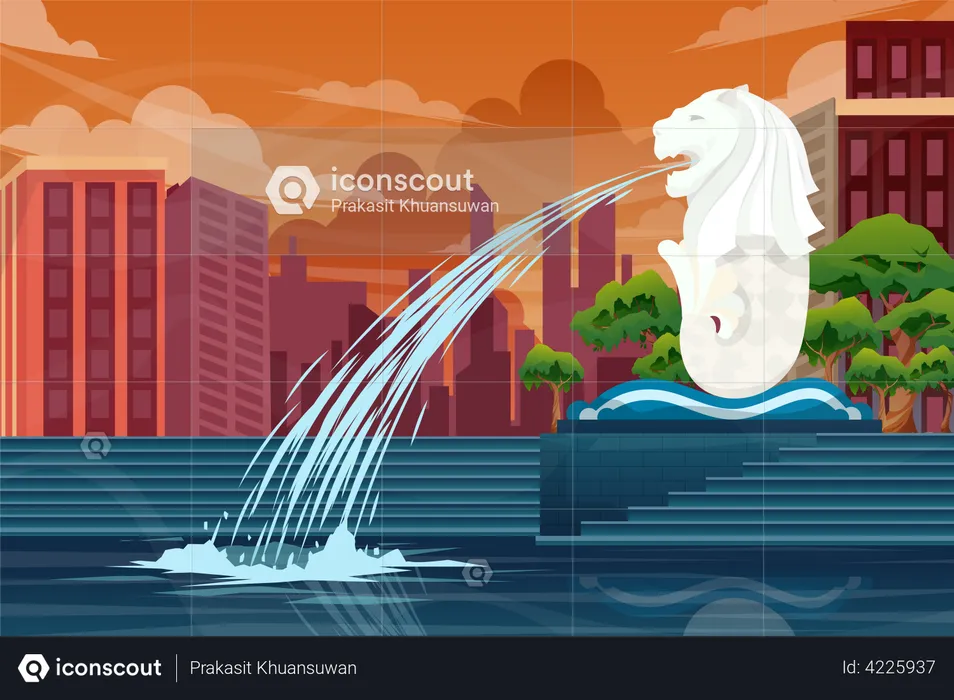 Merlion fountain in Singapore  Illustration