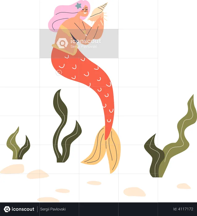 Mermaid holding sea shell underwater  Illustration