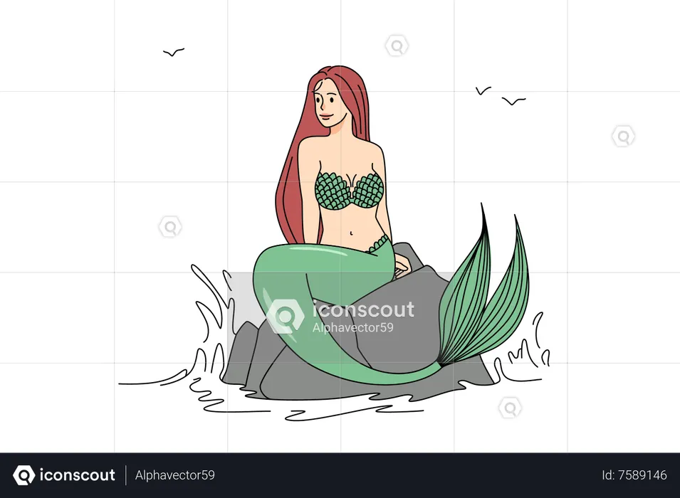 Mermaid sitting on rock at sea  Illustration