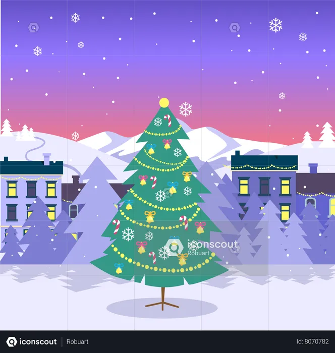 Merry Christmas and Fir Tree on City  Illustration