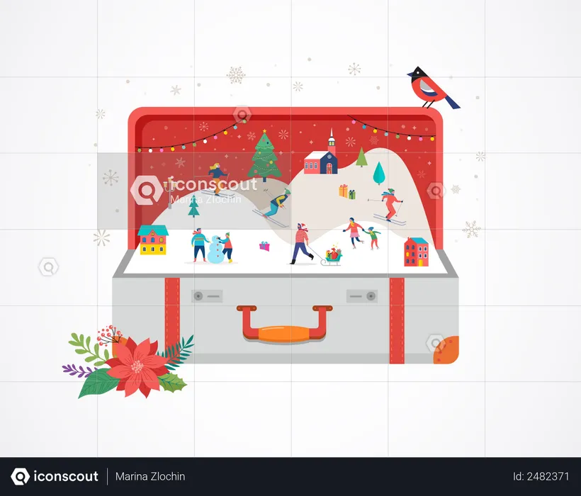 Merry Christmas, Big open suitcase with winter scene and small people  Illustration