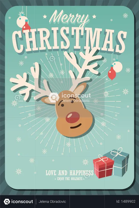 Merry Christmas card with reindeer and gift boxes on winter background, vector illustration  Illustration
