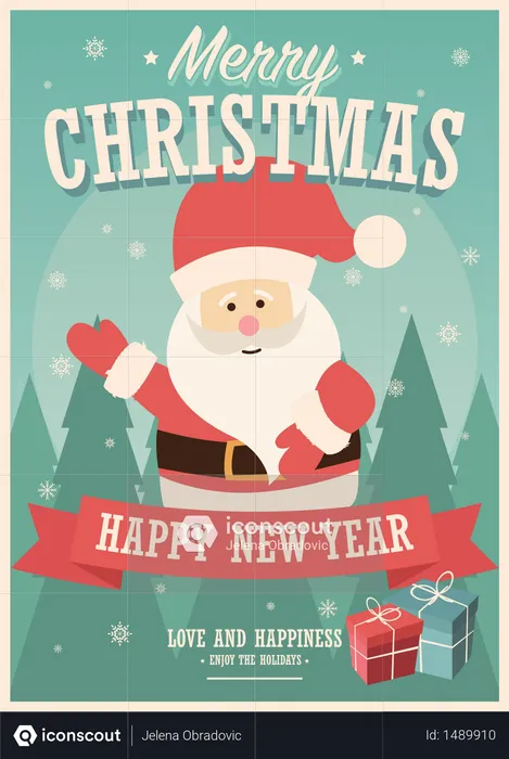 Merry Christmas card with Santa Claus and gift boxes on winter background, vector illustration  Illustration