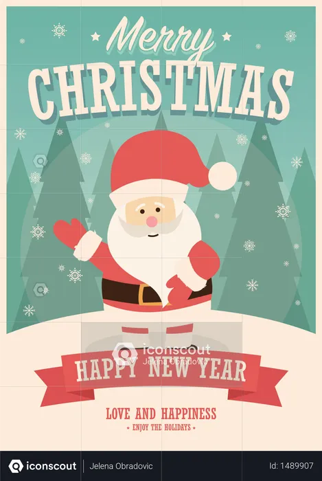Merry Christmas card with Santa Claus on winter background, vector illustration  Illustration