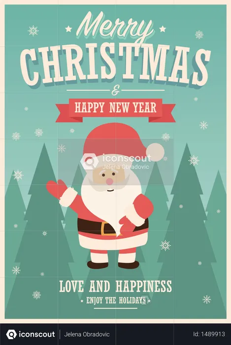 Merry Christmas card with Santa Claus on winter landscape background, vector illustration  Illustration