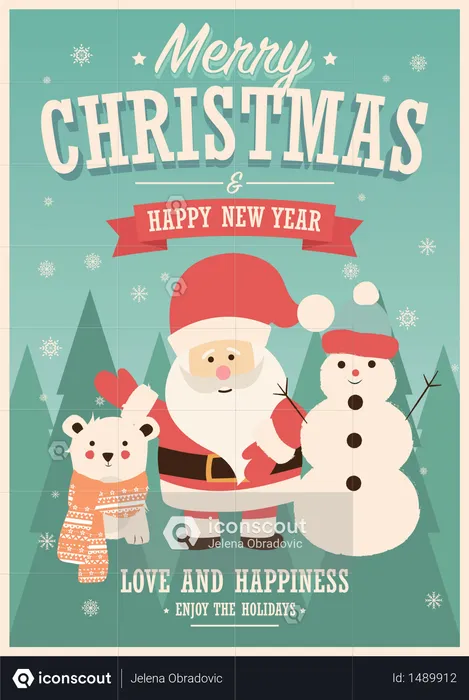 Merry Christmas card with Santa Claus, snowman and reindeer, winter landscape, vector illustration  Illustration