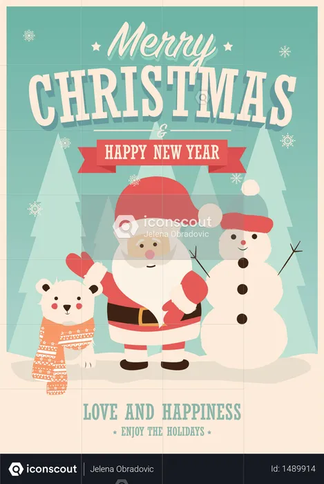 Merry Christmas card with Santa Claus, snowman and reindeer, winter landscape, vector illustration  Illustration