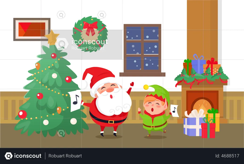 Merry Christmas Celebration of Elf and Santa Claus  Illustration