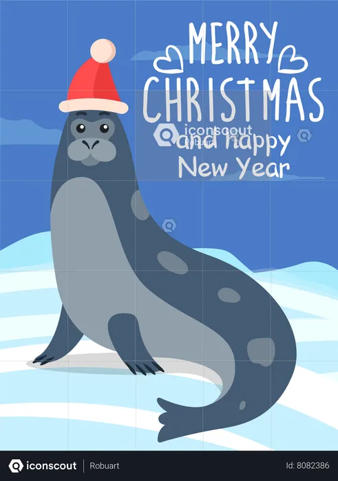 Merry Christmas Greeting Card With Sea Calf Seal  Illustration