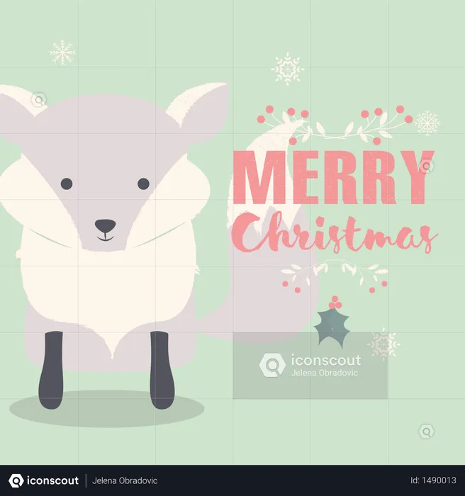 Merry Christmas lettering postcard with cute polar baby fox  Illustration
