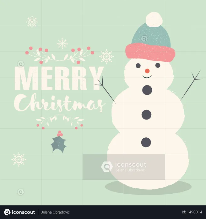 Merry Christmas lettering postcard with smiling Snowman  Illustration