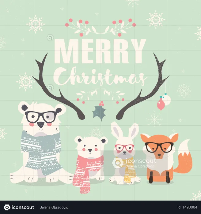 Merry Christmas lettering with hipster polar bears, fox and rabbit  Illustration