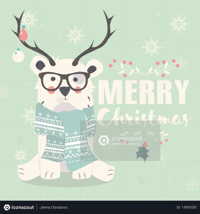Merry Christmas postcard, hipster polar bear wearing glasses and antlers  Illustration