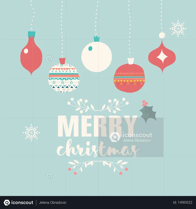 Merry Christmas postcard with balls decoration, snowflakes and flowers  Illustration