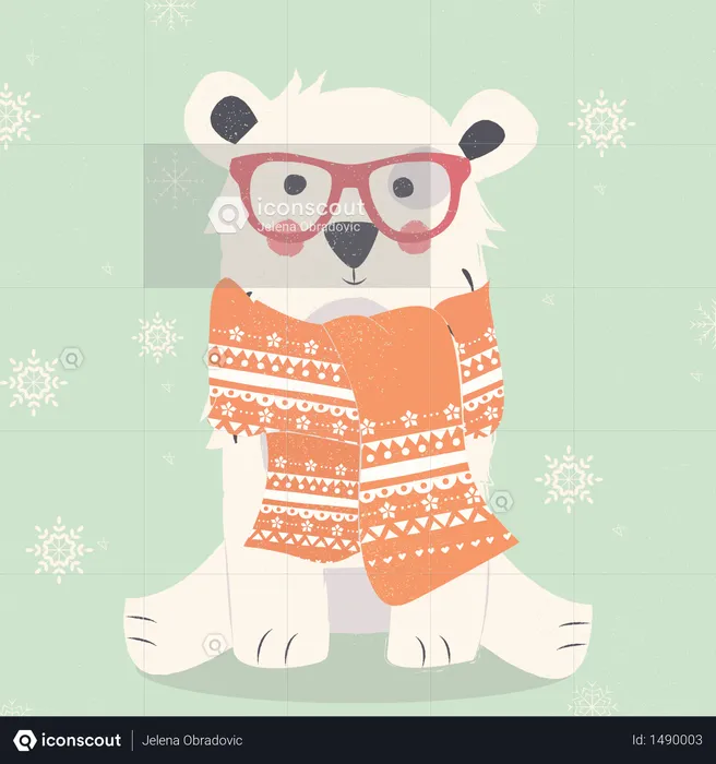Merry Christmas postcard with hipster polar white bear wearing scarf  Illustration