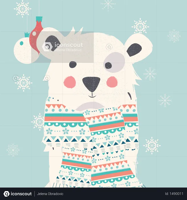 Merry Christmas postcard with polar white bear wearing scarf  Illustration