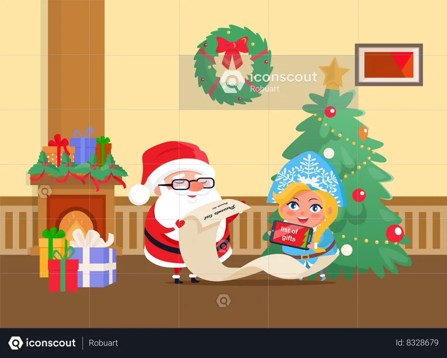 Merry Christmas Santa Claus and Snow Maiden Home  Illustration