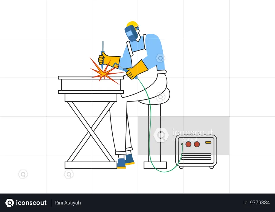 Trabalhador solda mesa de metal  Ilustração