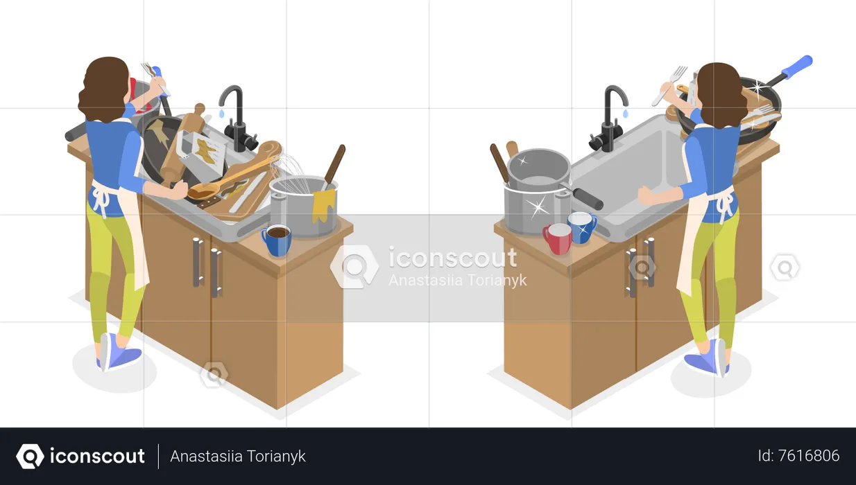 Messy vs Clean Kitchen  Illustration
