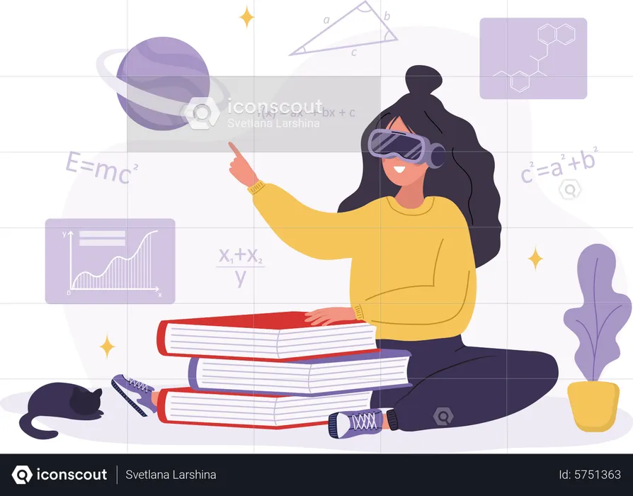 Metaverse online education. Woman learning in VR glasses. Cyberspace or Virtual reality concept. Modern technology for students. Vector illustration in flat cartoon style  Illustration
