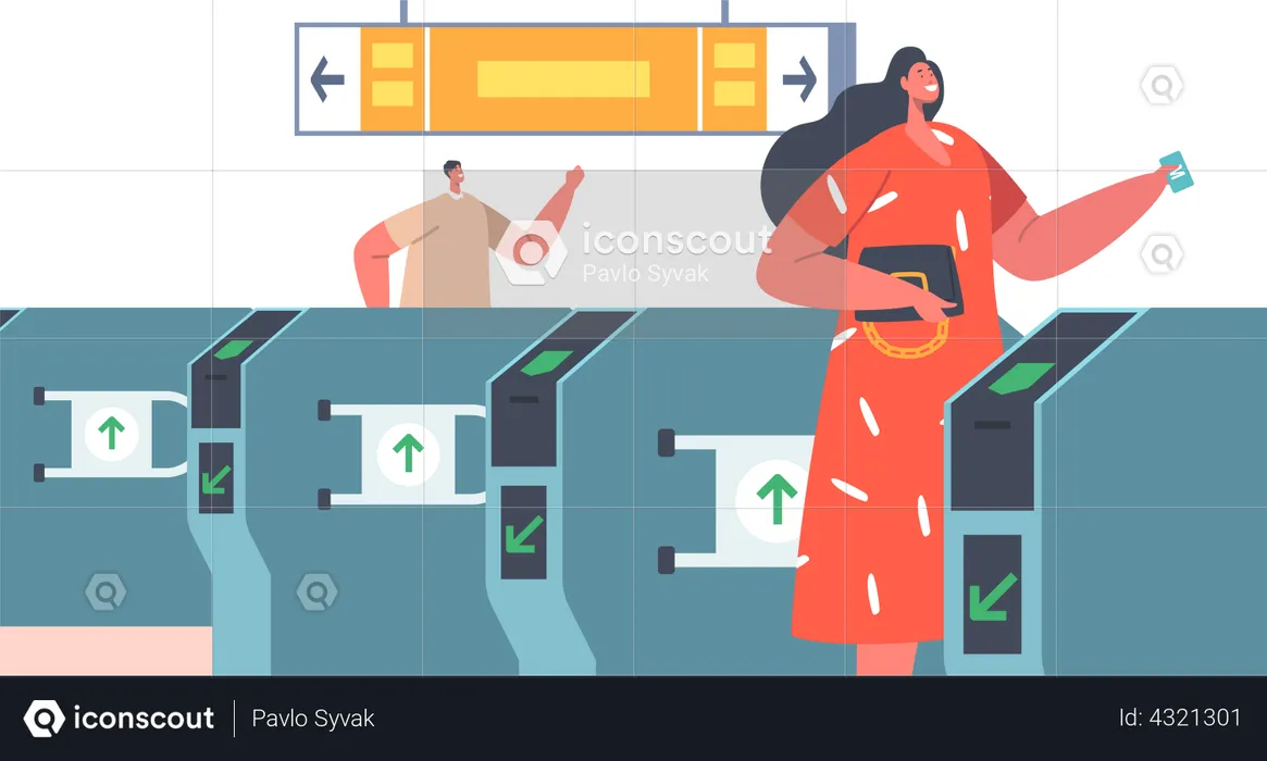 Metro Passengers Scanning Electronic Train Ticket at Turnstiles Entrance  Illustration