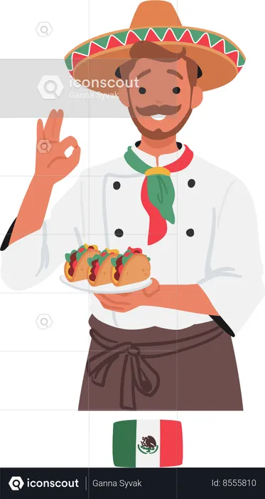Mexican Chef Proudly Presents A Platter Of Mouthwatering Tacos  Illustration