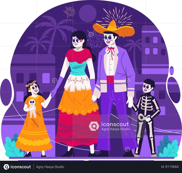 Mexican family dressed in traditional mexican costumes at day of dead Carnival  Illustration