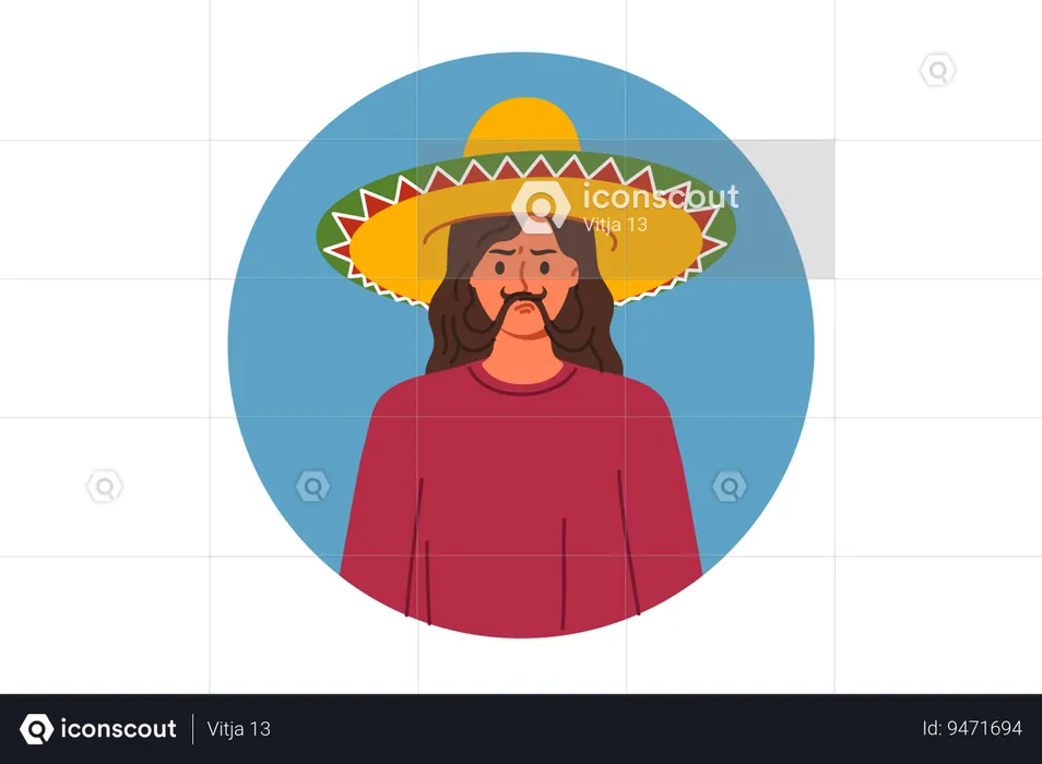 Mexican sombrero hat on head of woman making mustache out of hair and showing funny grimace  Illustration