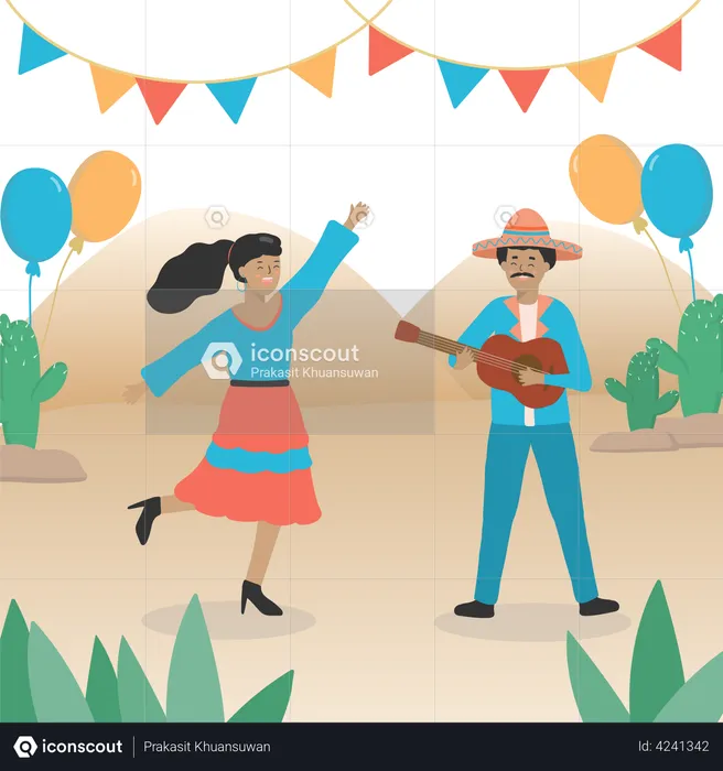 Mexican young man playing guitar and woman dancing  Illustration