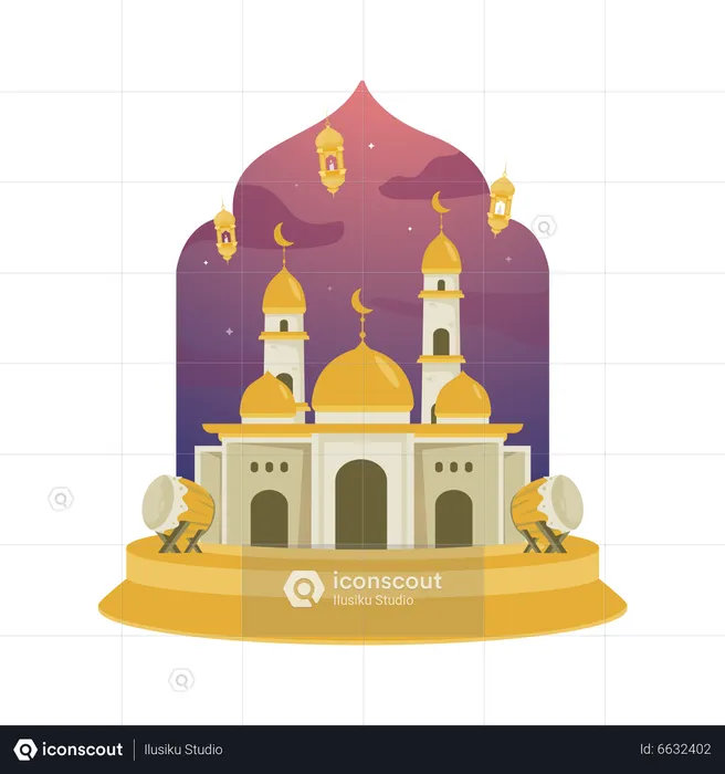 Mezquita dorada para saludos islámicos.  Ilustración