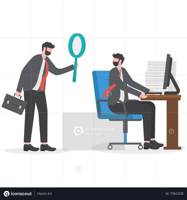 Micromanager boss using magnifying glass keep looking at employee working  Illustration