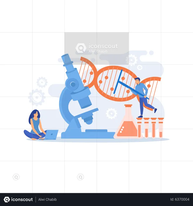 Microscópio e cientistas mudando a estrutura do DNA  Ilustração