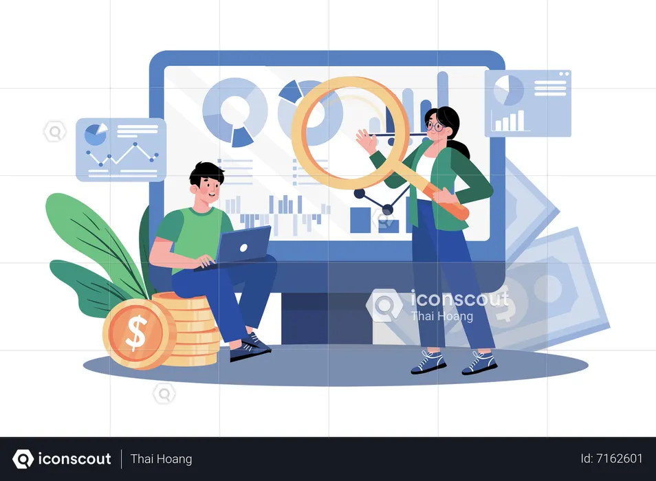 Miembro del equipo financiero analizando datos financieros con el equipo.  Ilustración