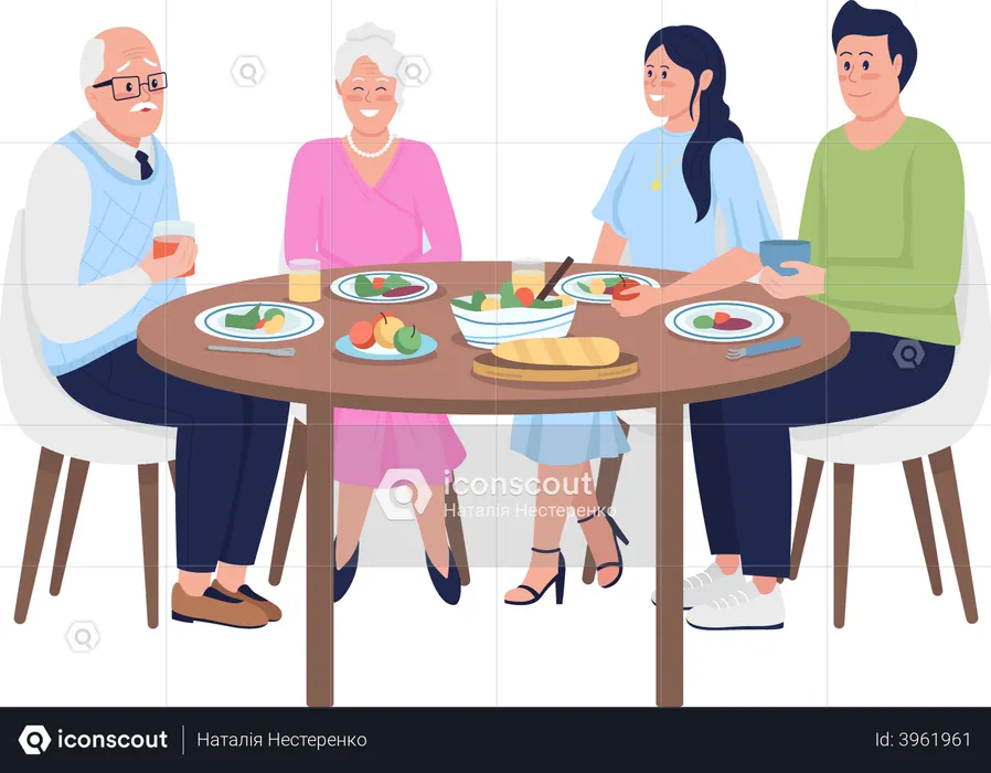 Miembros de la familia cenando juntos el día de Acción de Gracias  Ilustración
