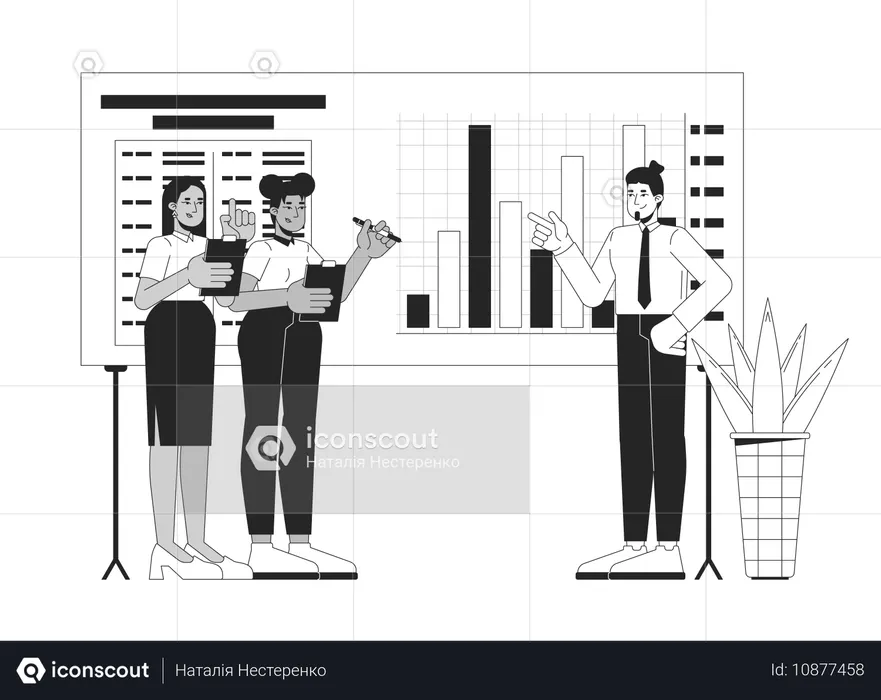 Diversos miembros del equipo discutiendo gráficos corporativos  Ilustración