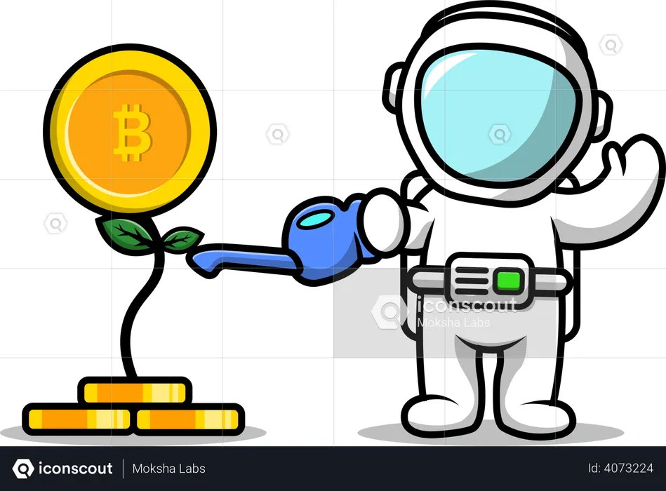Un astronaute mignon arrosant une plante Bitcoin  Illustration