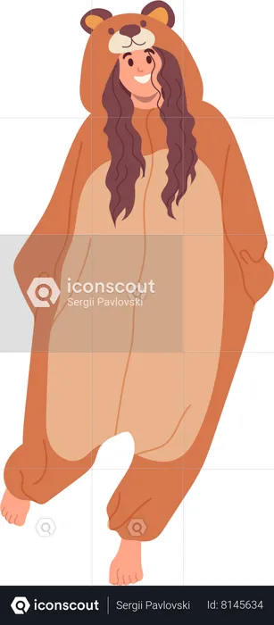 Jolie femme drôle portant un costume de pyjama kigurumi ours  Illustration
