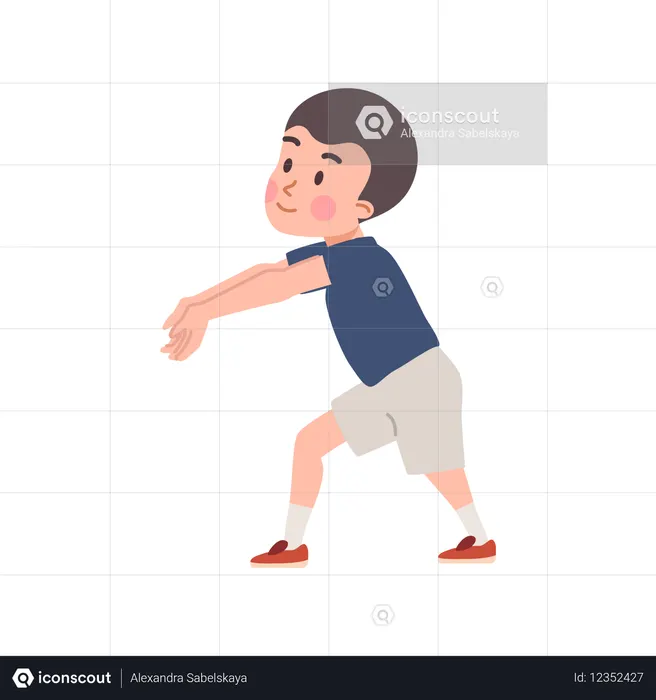 Un mignon petit garçon se tient debout, les mains en avant, pour frapper la balle  Illustration