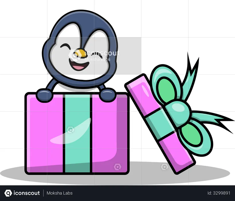 Pingouin mignon dans une boîte cadeaux  Illustration