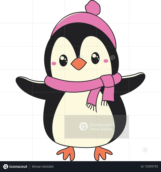 Pingouin mignon portant un chapeau châle en hiver  Illustration