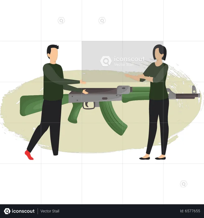 Military Boy And Girl Are Talking About Gun  Illustration