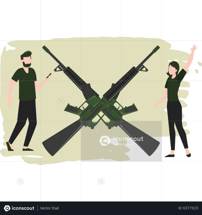 Military Man And Woman Ready With Rifles  Illustration