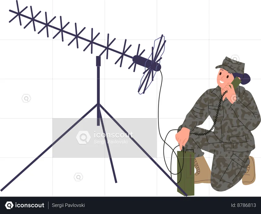 Military woman working with radio communications in army  Illustration