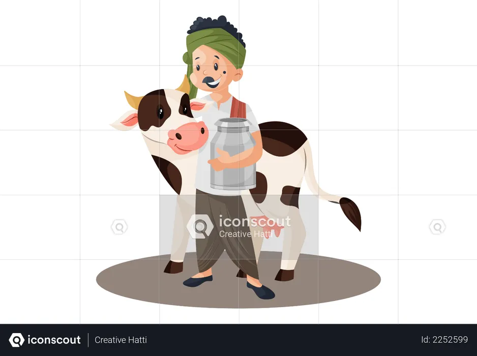 Milkman holding container and standing with a cow  Illustration