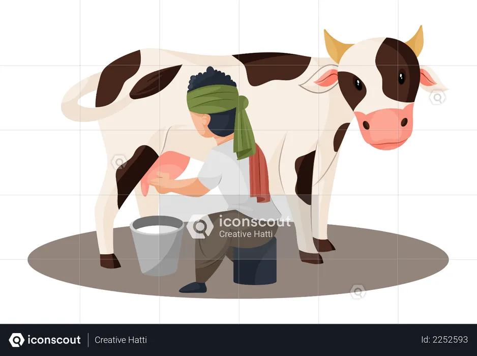 Best Premium Milkman is extracting milk from the cow in bucket Illustration  download in PNG & Vector format