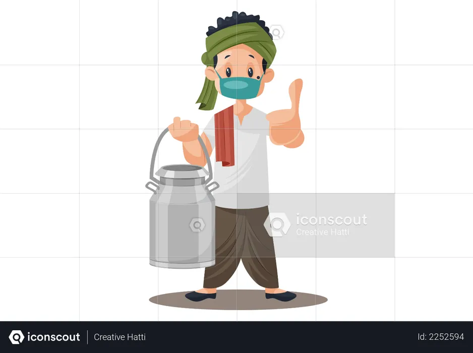 Milkman wearing mask, holding milk can in hand and showing thumbs up  Illustration