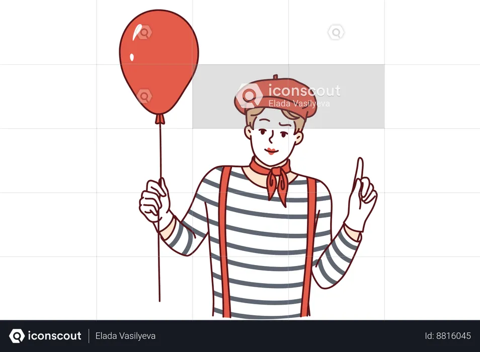 Mime man holding red balloon in circus  Illustration