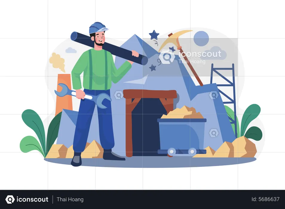 Miner holding wrench and plastic pipe  Illustration